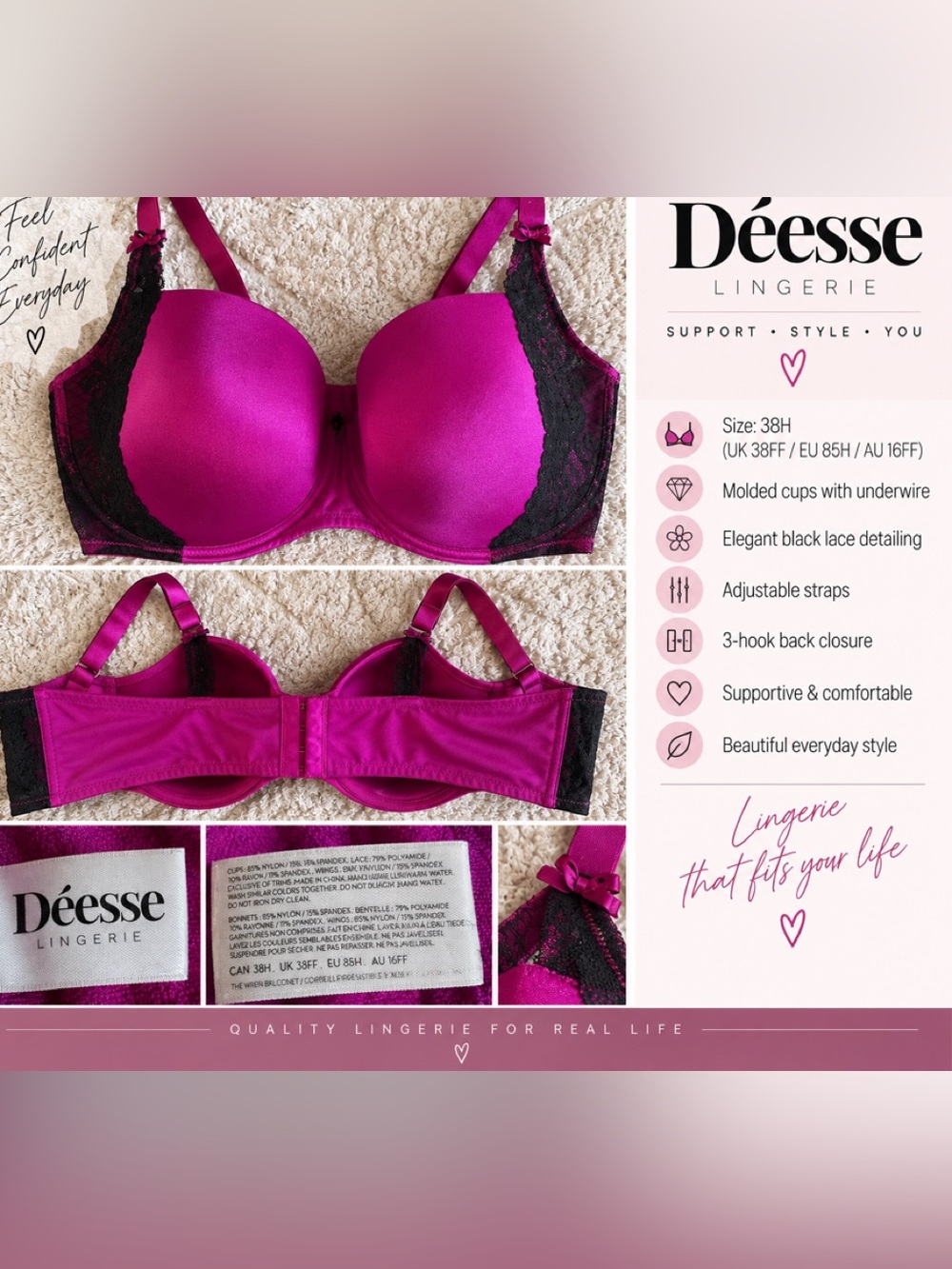 Addition Elle Fuchsia Bra with Black Lace Trim